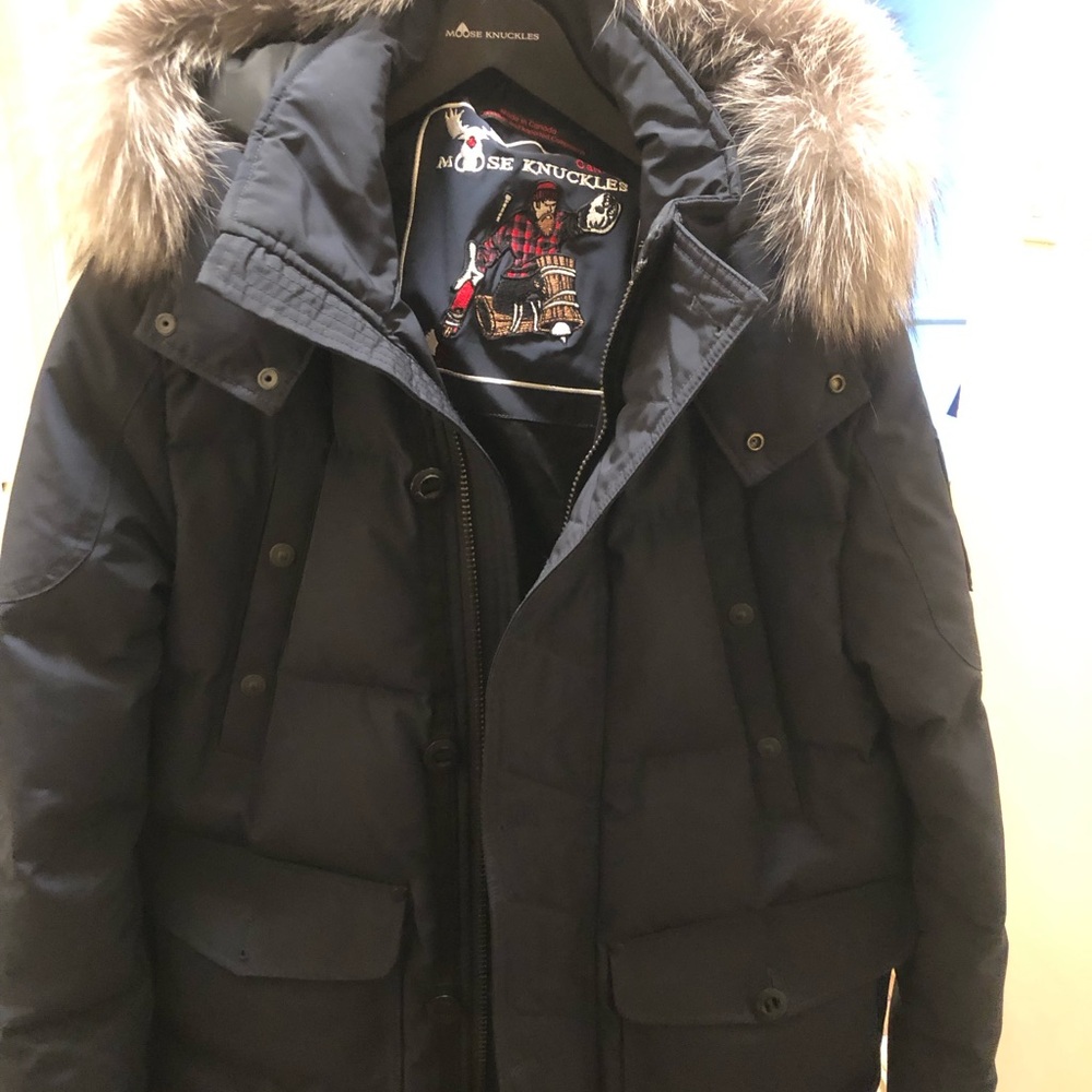 Moose Knuckles Men’s Dark Navy Down Puffer with Fur-Trim Hood